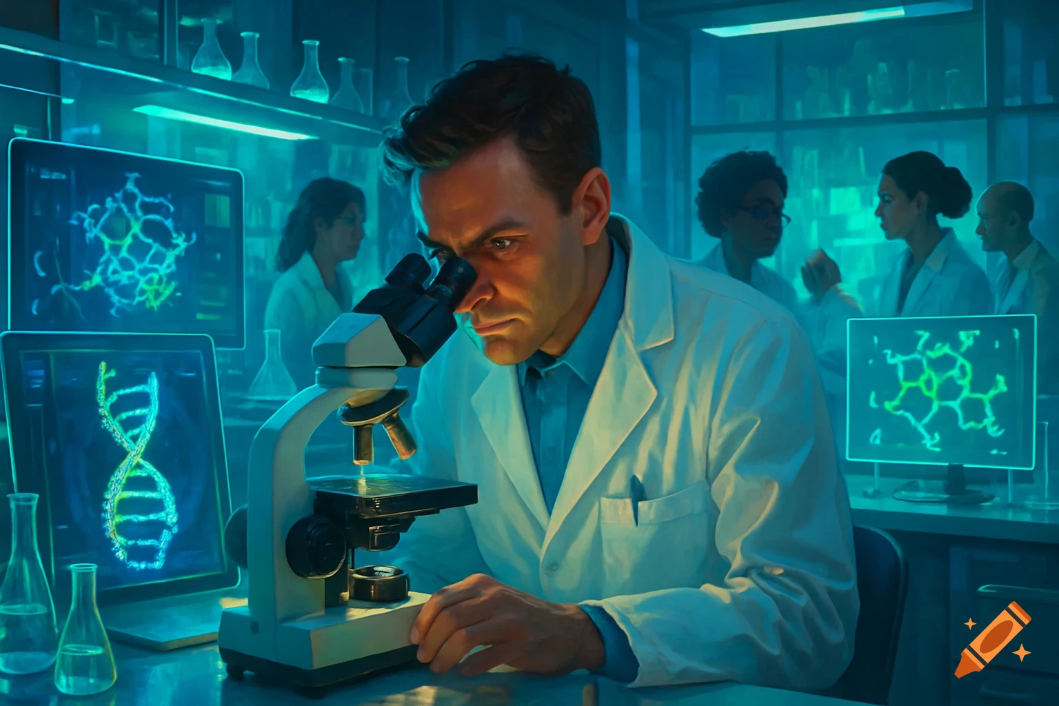 A male scientist in a white lab coat uses a microscope in a blue-lit laboratory, with screens displaying DNA and molecular structures.