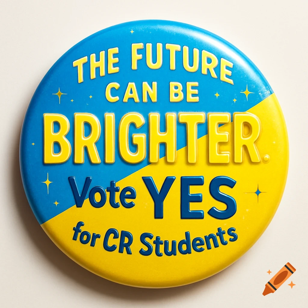 A blue and yellow campaign button with the text 'THE FUTURE CAN BE BRIGHTER Vote YES for CR Students'.
