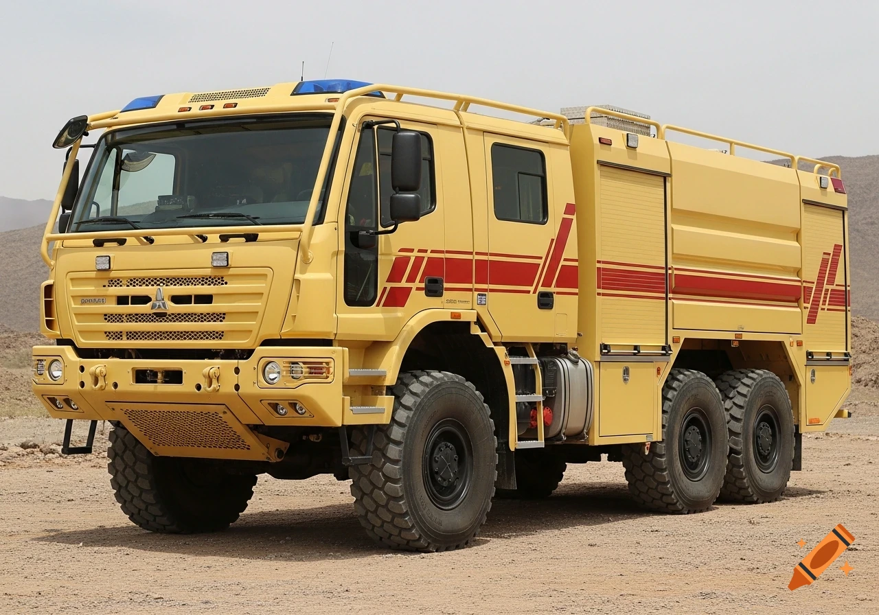 A large, rugged, sand-yellow off-road fire truck with red stripes and blue roof lights, parked on a dirt road with mountains in the background.