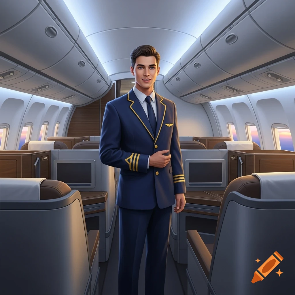 A young male flight attendant in a blue uniform stands smiling in an upscale airplane cabin.