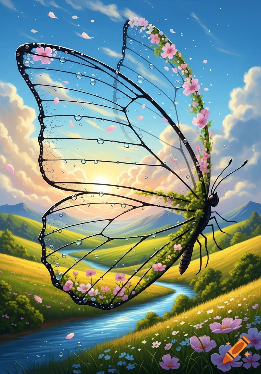 A large, translucent butterfly with a vibrant landscape inside its wings, featuring green hills, a river, a sunset, and pink flowers.