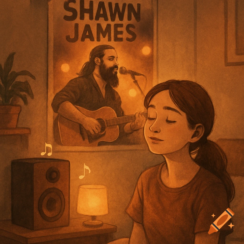 A girl with closed eyes listens to music in a warmly lit room, with a speaker, a small lamp, and a poster of a bearded man playing guitar that reads "SHAWN JAMES" on the wall.