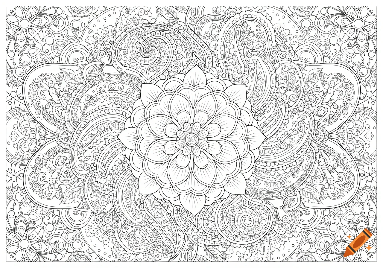 Intricate black and white line art coloring page with a central mandala flower surrounded by paisley and swirling patterns.