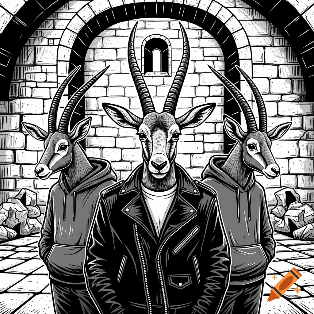 Black and white linocut style illustration of three serious anthropomorphic antelopes in an old citadel, one in a leather jacket, two in hoodies.