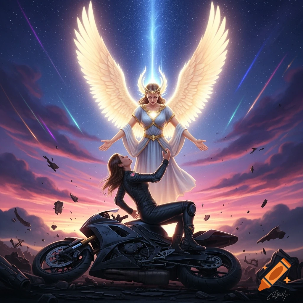 A winged goddess lifts a woman in a biker suit from a crashed motorcycle under a vibrant cosmic sky.