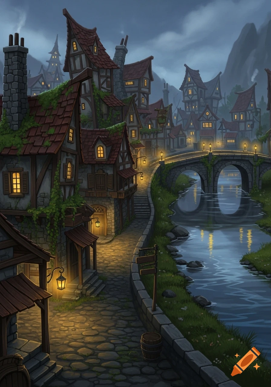 A fantasy town at night with illuminated windows, a stone bridge over a river, and cobblestone paths.