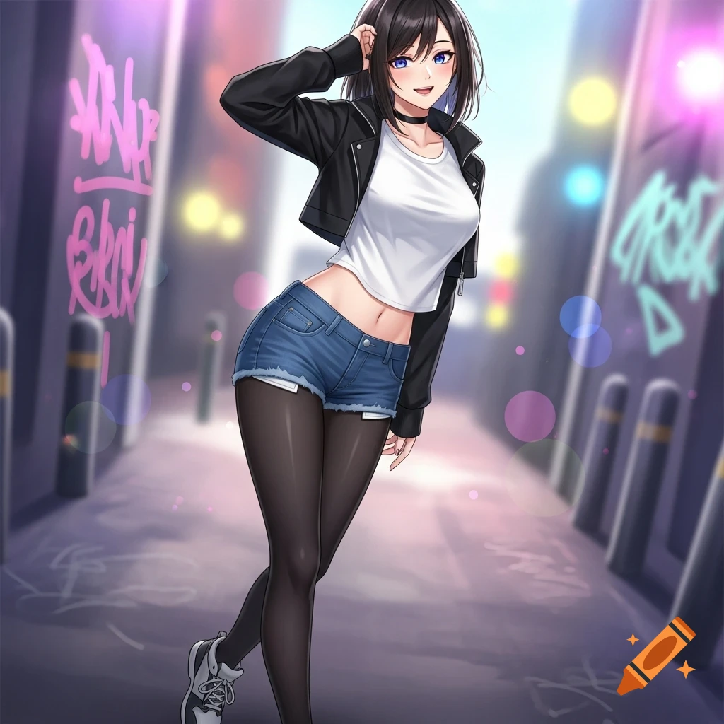 Anime girl in a black jacket, white crop top, denim shorts, and black tights on an urban street with graffiti.