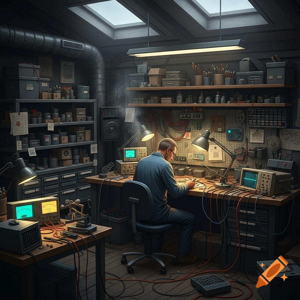 A man in a blue shirt works at a cluttered electronics workbench, surrounded by tools, monitors, and various components, under skylight windows.