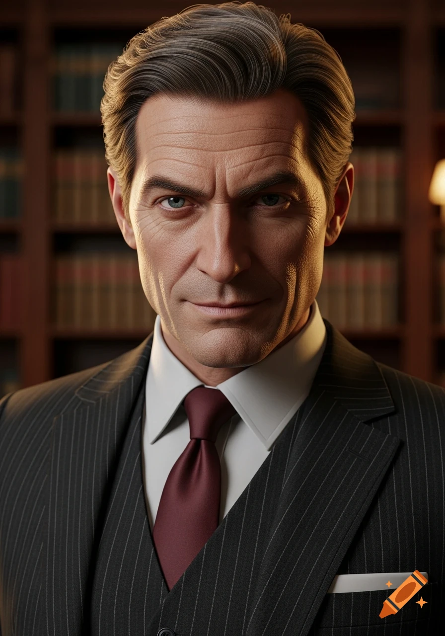 Cinematic portrait of a sharp-featured lawyer in a pinstripe suit, looking condescendingly at the viewer in a blurred law office.