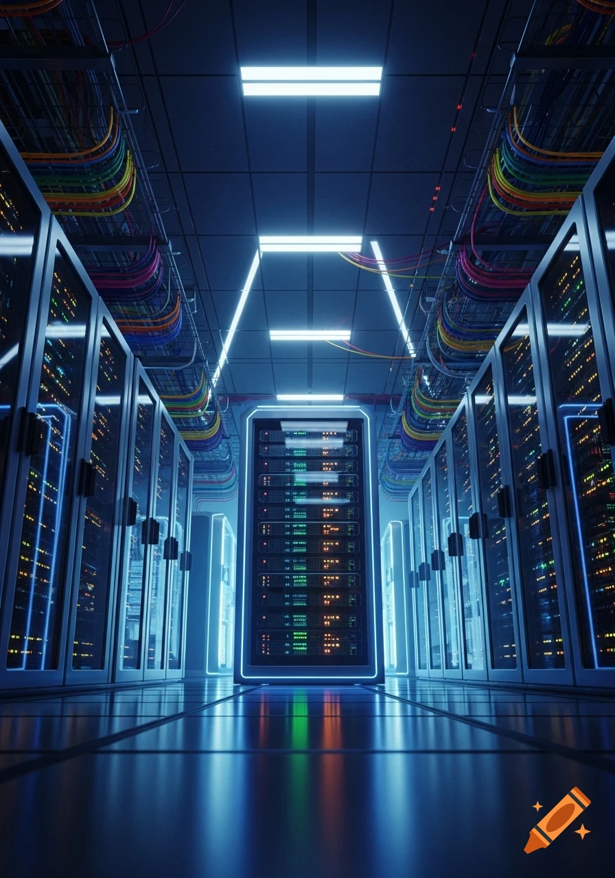 A glowing data center aisle with rows of server racks, colorful overhead cables, and a reflective floor under blue and green light.