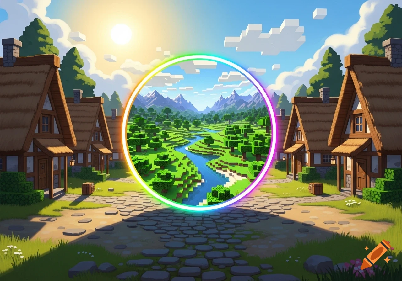 A fantasy village scene with a colorful portal revealing a pixelated Minecraft landscape of mountains, trees, and a river.