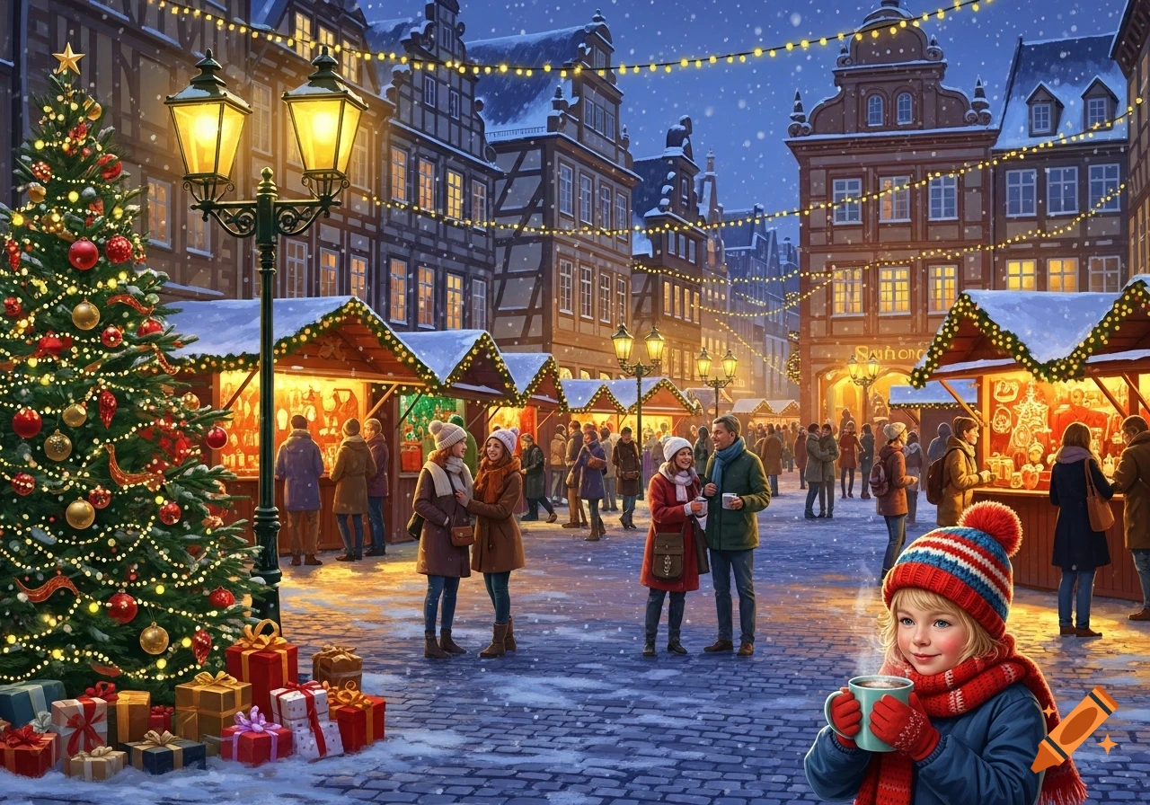 A festive European Christmas market scene at dusk with snow falling ...