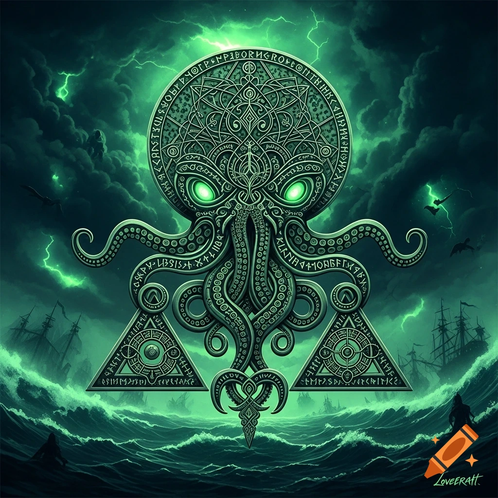 A dark green stylized Cthulhu symbol with glowing eyes hovers over a stormy ocean with ships and lightning.