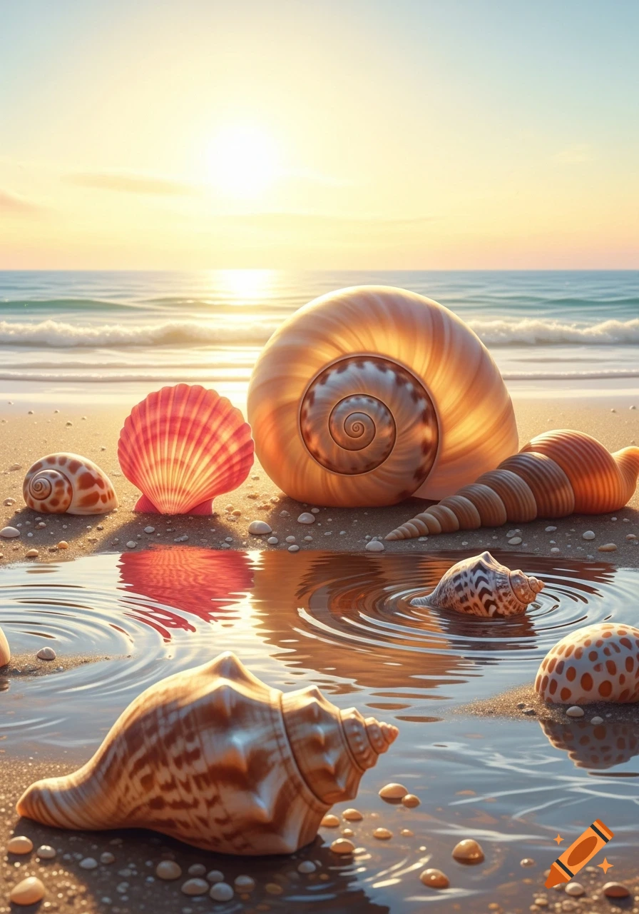 Close-up of various seashells on a sandy beach with water, reflections, and the ocean under a bright sunset sky.