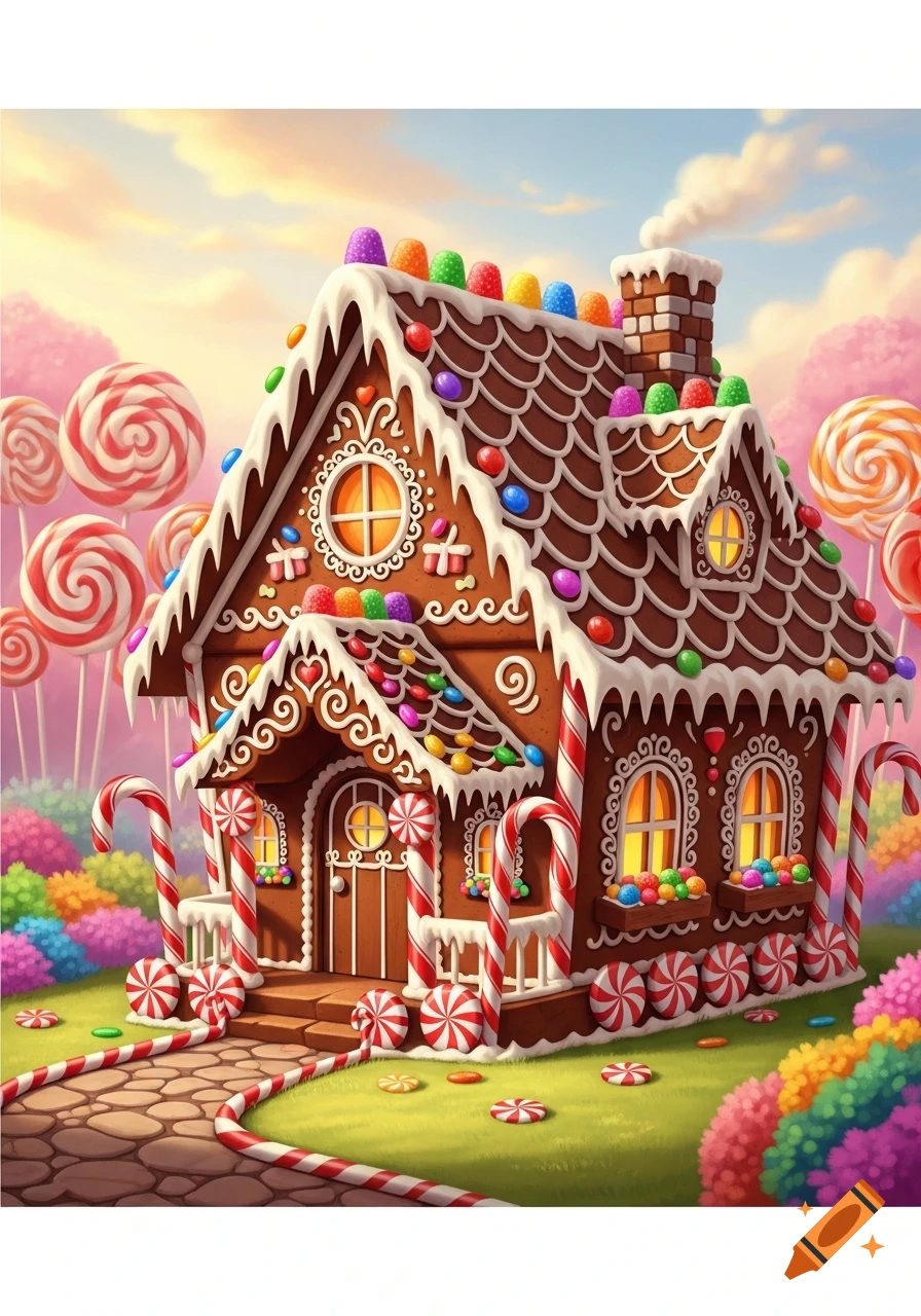 A vibrant, whimsical gingerbread house adorned with colorful candies, icing, and candy canes, surrounded by a candy garden with lollipop trees.