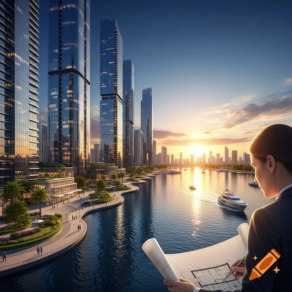 A person views blueprints overlooking a modern waterfront city with skyscrapers, boats, and a sunset.