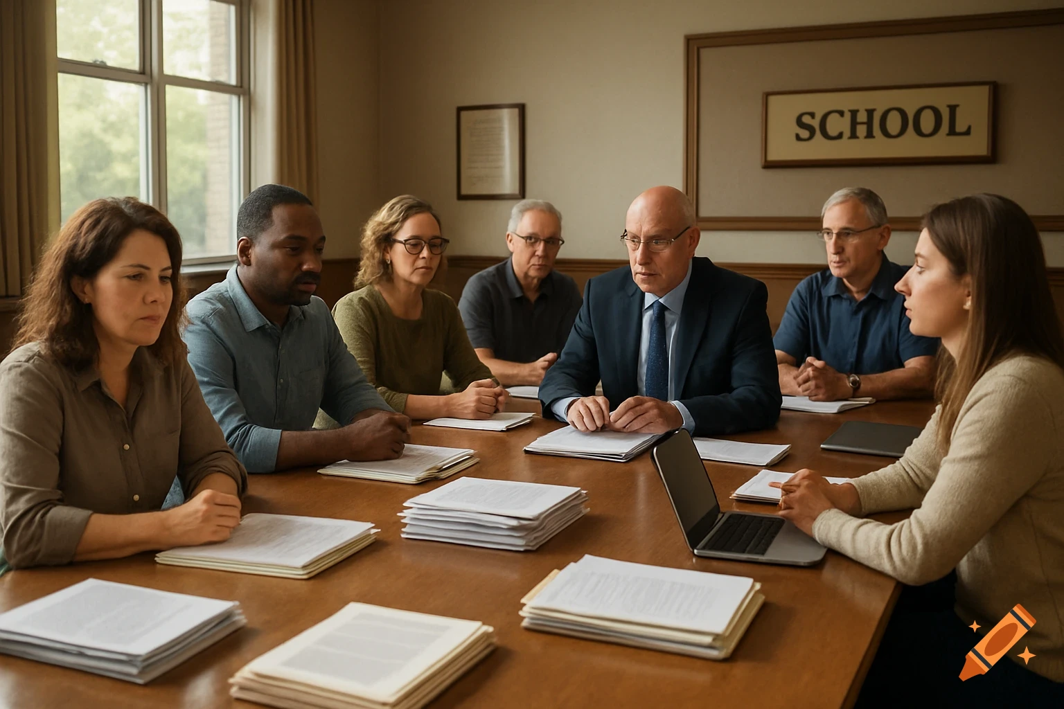 Diverse adults attend a serious, professional meeting around a wooden table in a school room, documents stacked on the table.