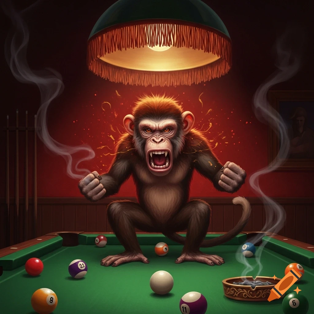 An angry, hairy monkey with bared teeth stands on a pool table amidst billiard balls and smoke under a hanging lamp, digital art.