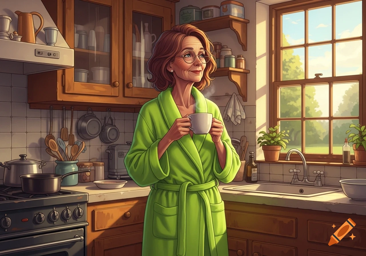 An older woman with glasses and red-brown hair in a green bathrobe sips coffee in a rustic kitchen with sunlight through a window.