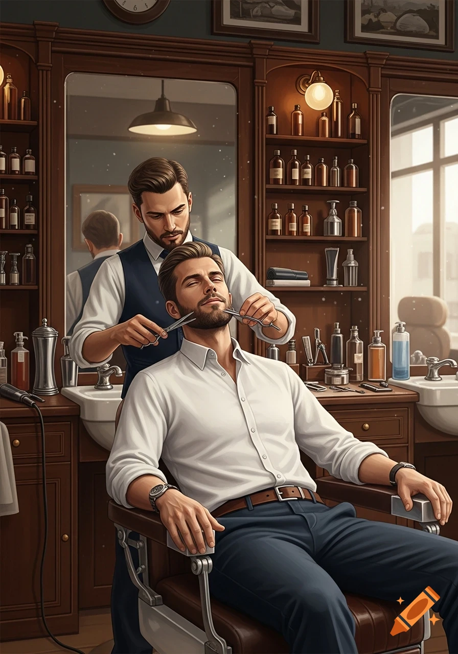 A barber trims a client's beard in a classic barbershop, with shelves of products and mirrors.