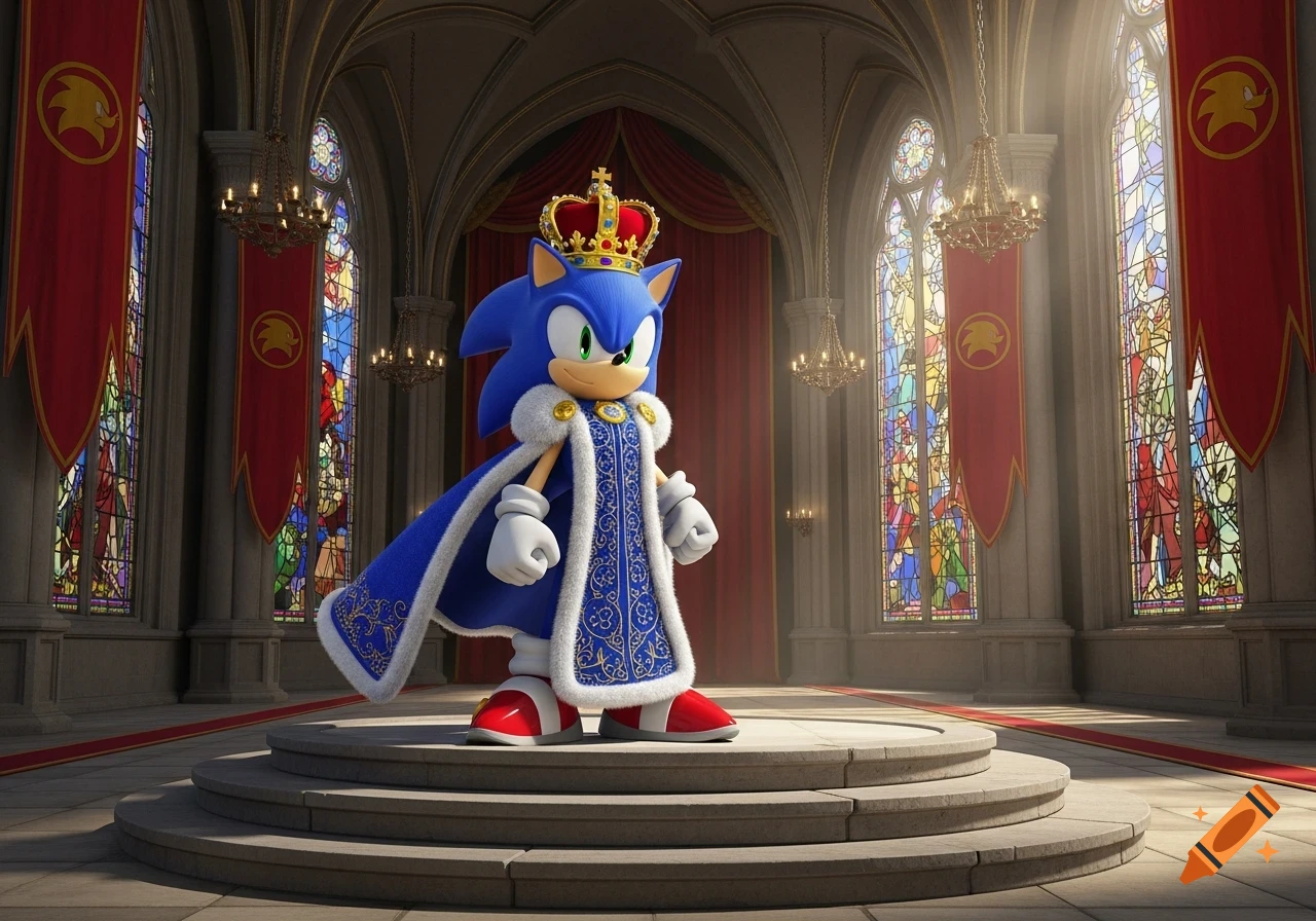 Sonic the Hedgehog, wearing a royal blue and white ermine-trimmed robe and a golden crown, stands on a platform in a grand cathedral-like hall with stained glass windows.