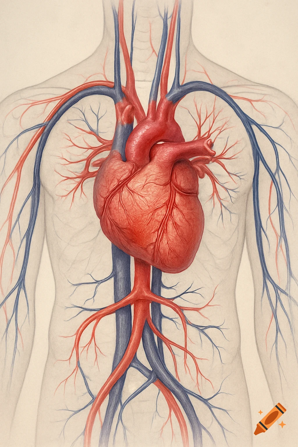 Detailed illustration of the human heart and major arteries (red) and veins (blue) in the torso.
