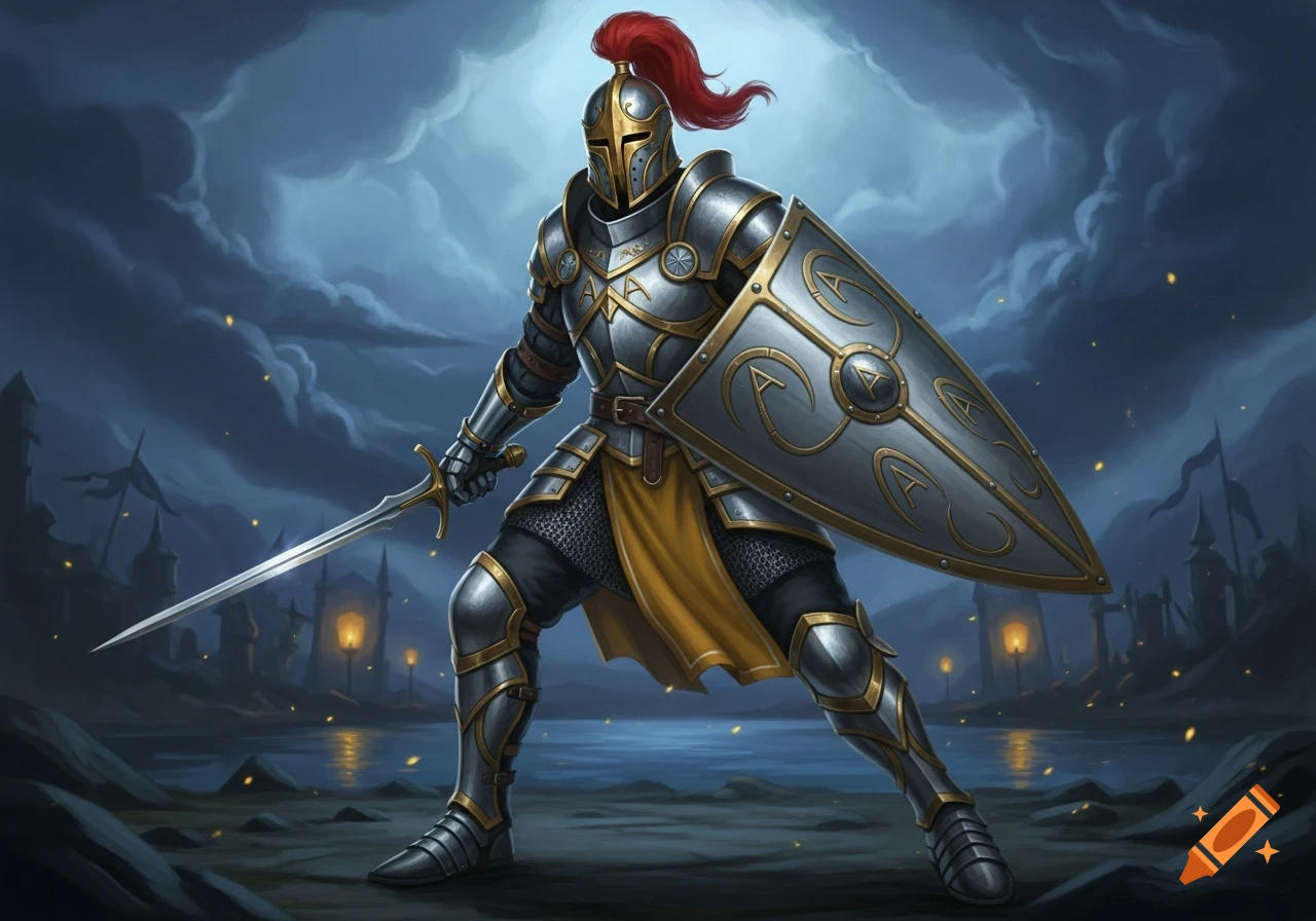 A fantasy knight in sleek silver and gold plate armor, holding a sword and an intricate shield, against a dark, cloudy sky.