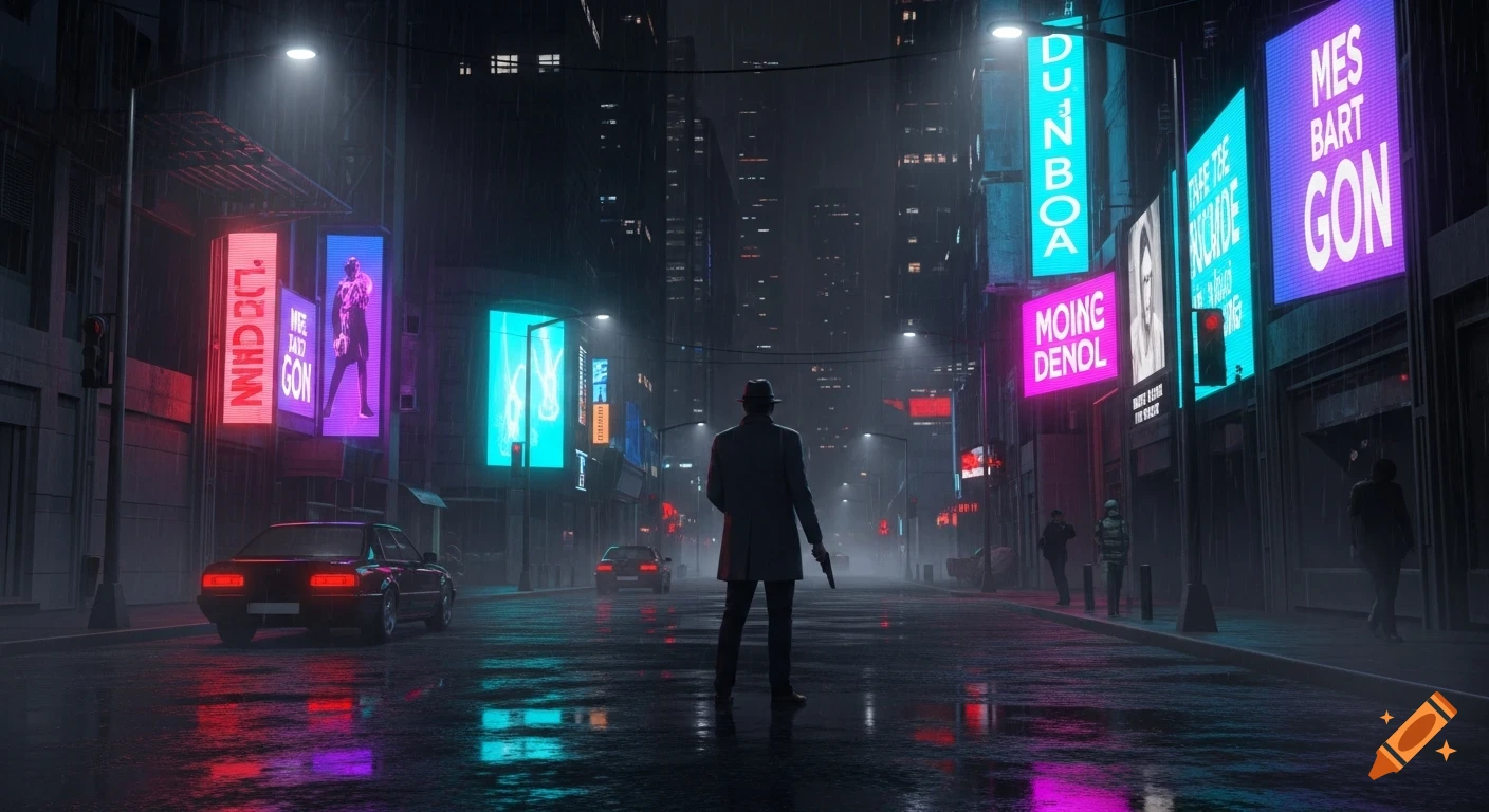 A solitary detective in a long coat stands in a rainy, neon-lit futuristic city street at night, holding a gun. Digital billboards display fragmented text and imagery, reflecting on the wet pavement. Skyscrapers rise in the background.