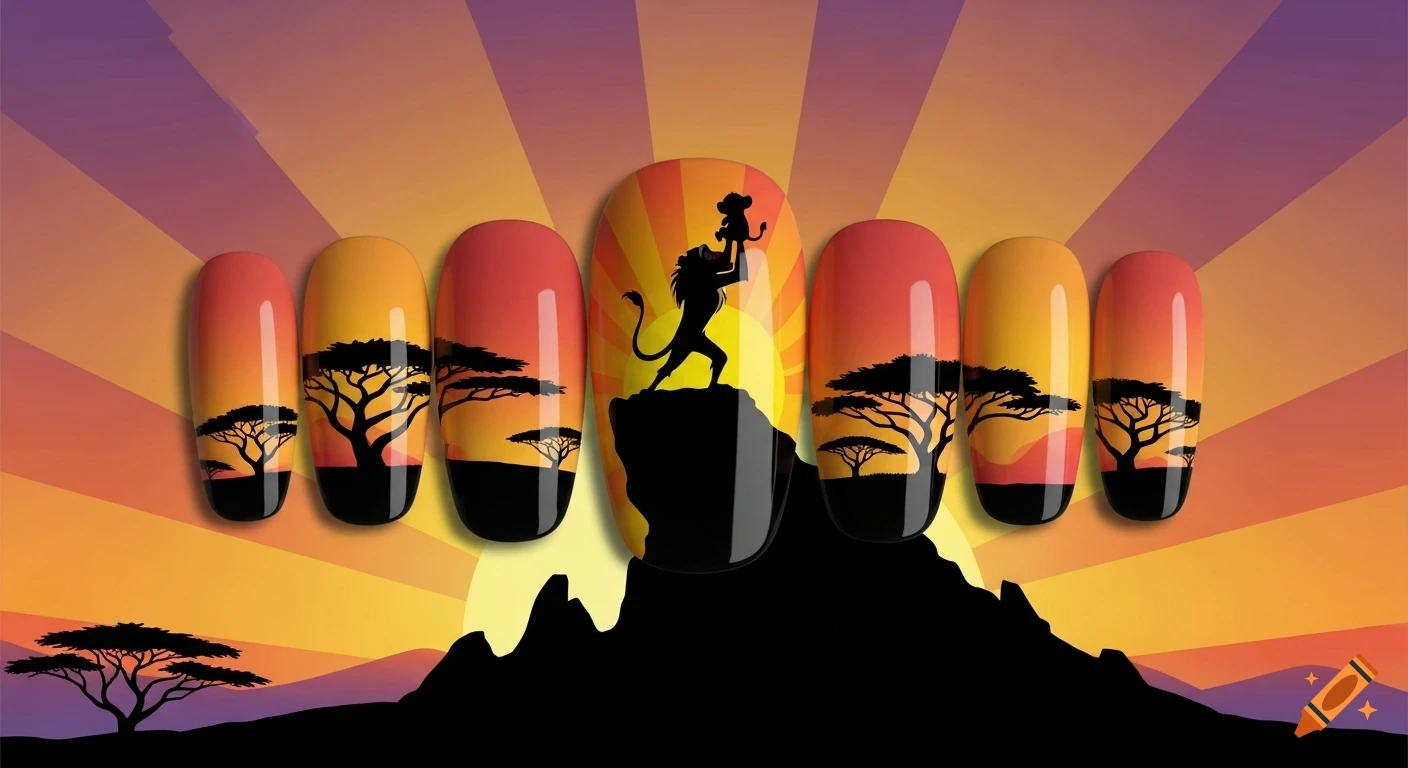 Lion King-inspired nail art features black silhouettes of Rafiki holding Simba on Pride Rock, with acacia trees against an orange and yellow sunrise.