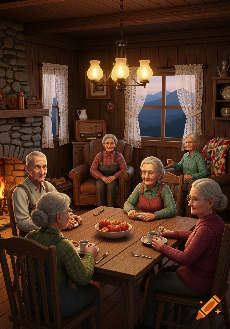 Six elderly people socialize around a wooden table in a rustic cabin with a fireplace and mountain view from the window.