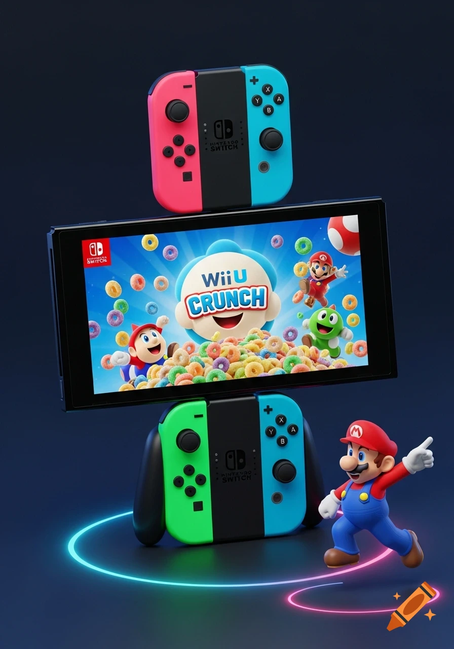 Nintendo Switch consoles with colorful Joy-Cons, displaying a 'Wii U CRUNCH' cereal ad with Mario characters, and a Mario figurine running with neon lights.