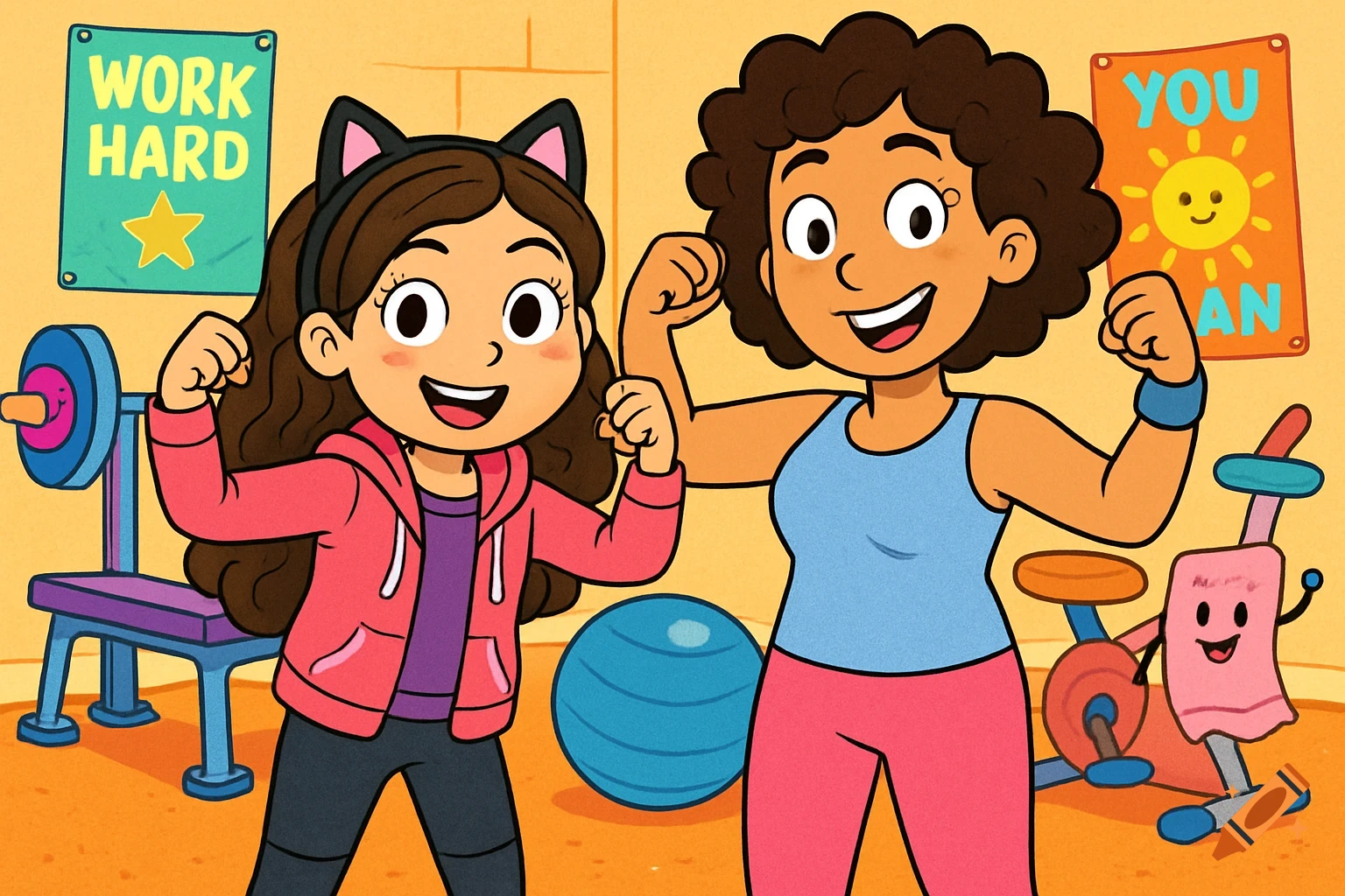 A cartoon mother and daughter happily flexing muscles in a colorful gym. The daughter wears cat ears.