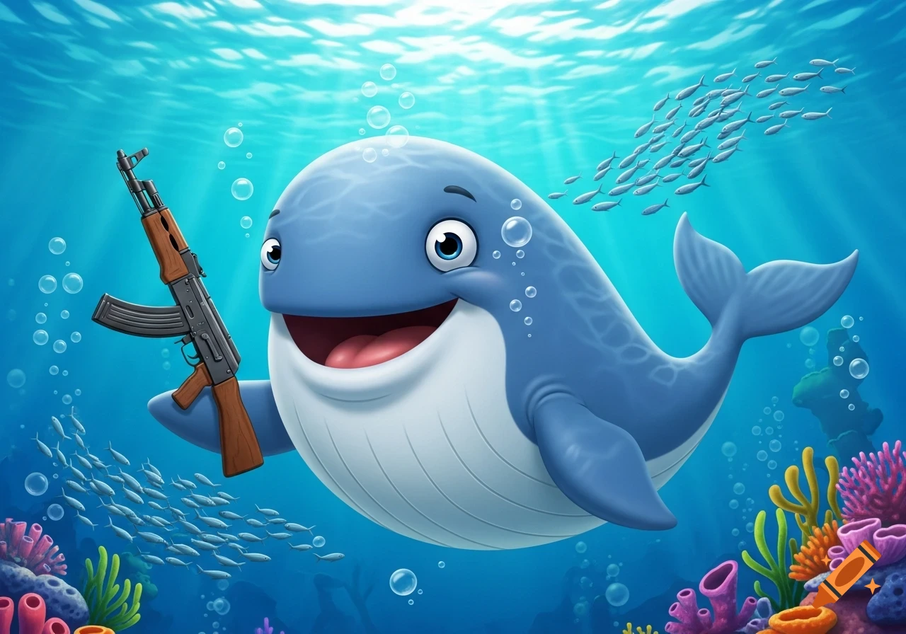 A smiling blue cartoon whale underwater holds an AK-47 rifle, with small fish and coral in the background.