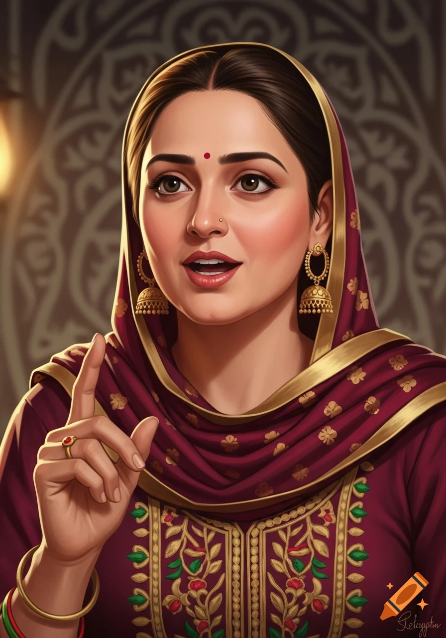 A beautiful Punjabi woman in traditional maroon and gold attire, wearing jhumka earrings and a bindi, raising her finger as if speaking.