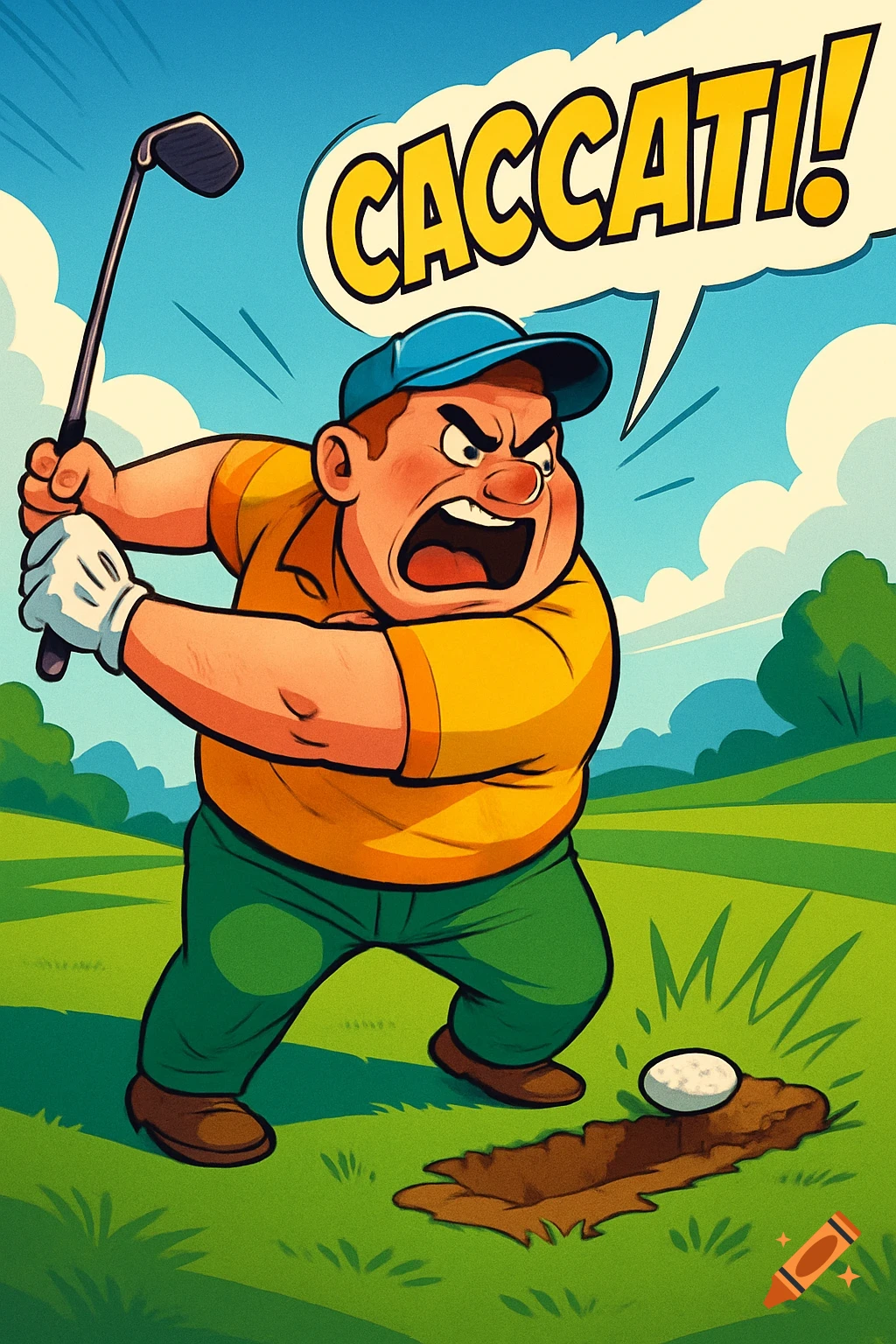 Cartoon of an angry golfer in a blue cap, yellow shirt, and green pants, mid-swing with a club, shouting 'CACCATI!' in a speech bubble above a golf ball in a divot on a green course.