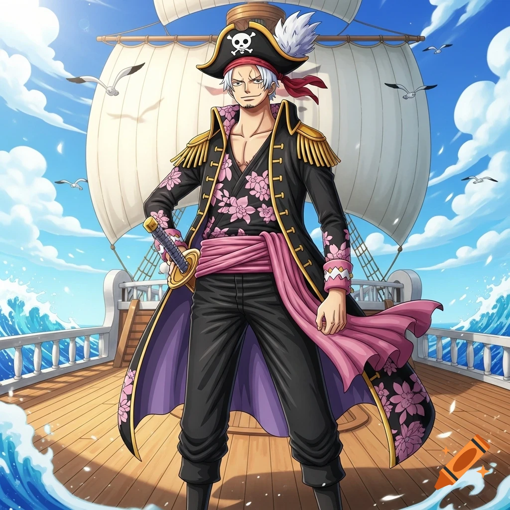 Anime-style illustration of a white-haired male pirate in a black, pink, and purple outfit with a sword, standing on a ship deck.