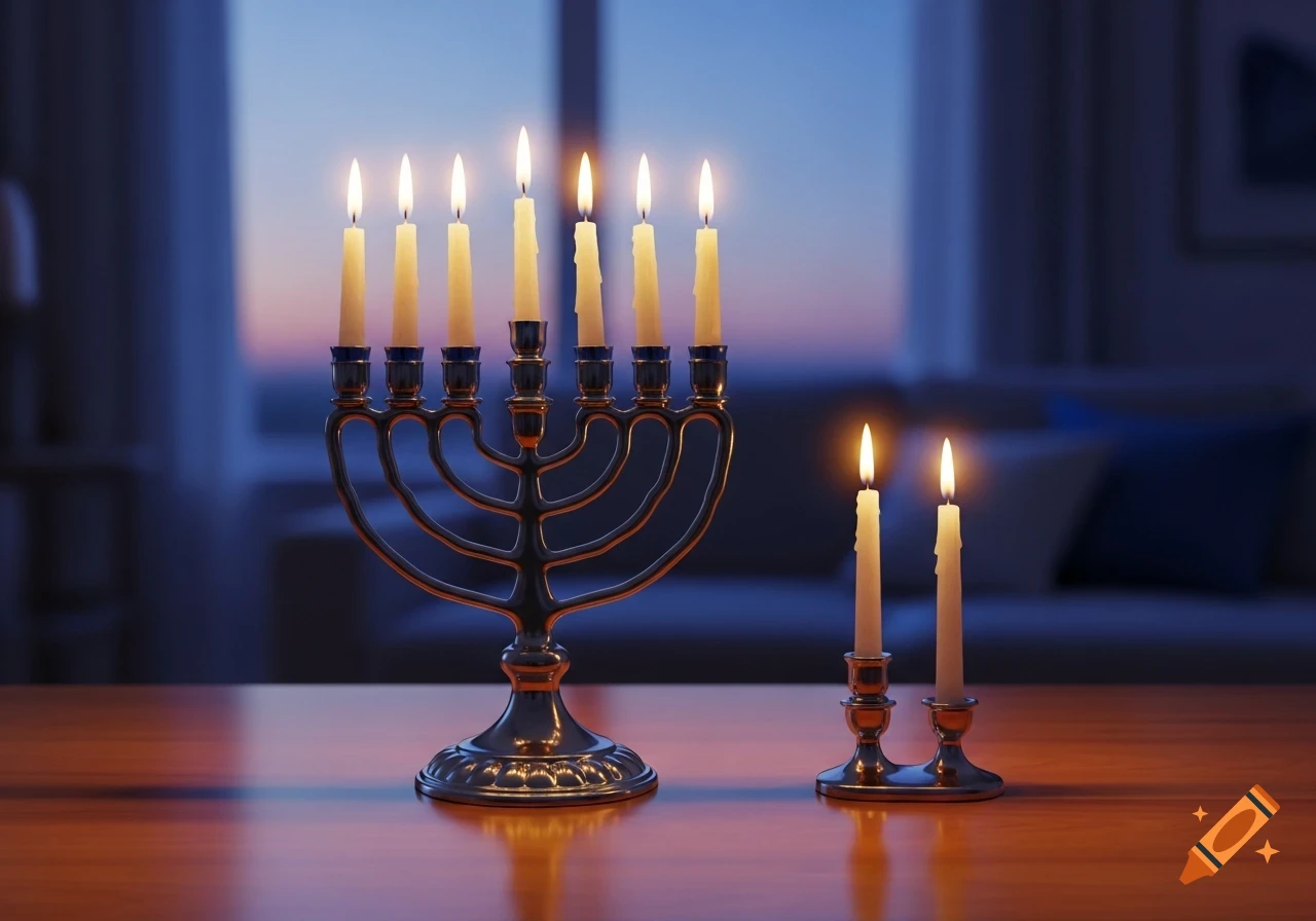 A gleaming silver menorah with seven lit candles and a smaller two-candle holder with two lit candles on a wooden table at dusk.