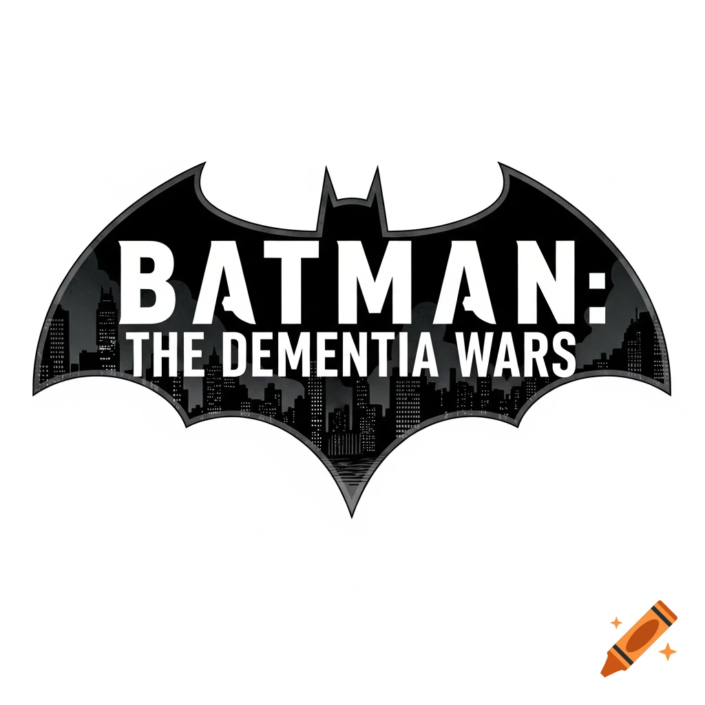 A black and white Batman logo with a cityscape silhouette and the text 'Batman: The Dementia Wars'.