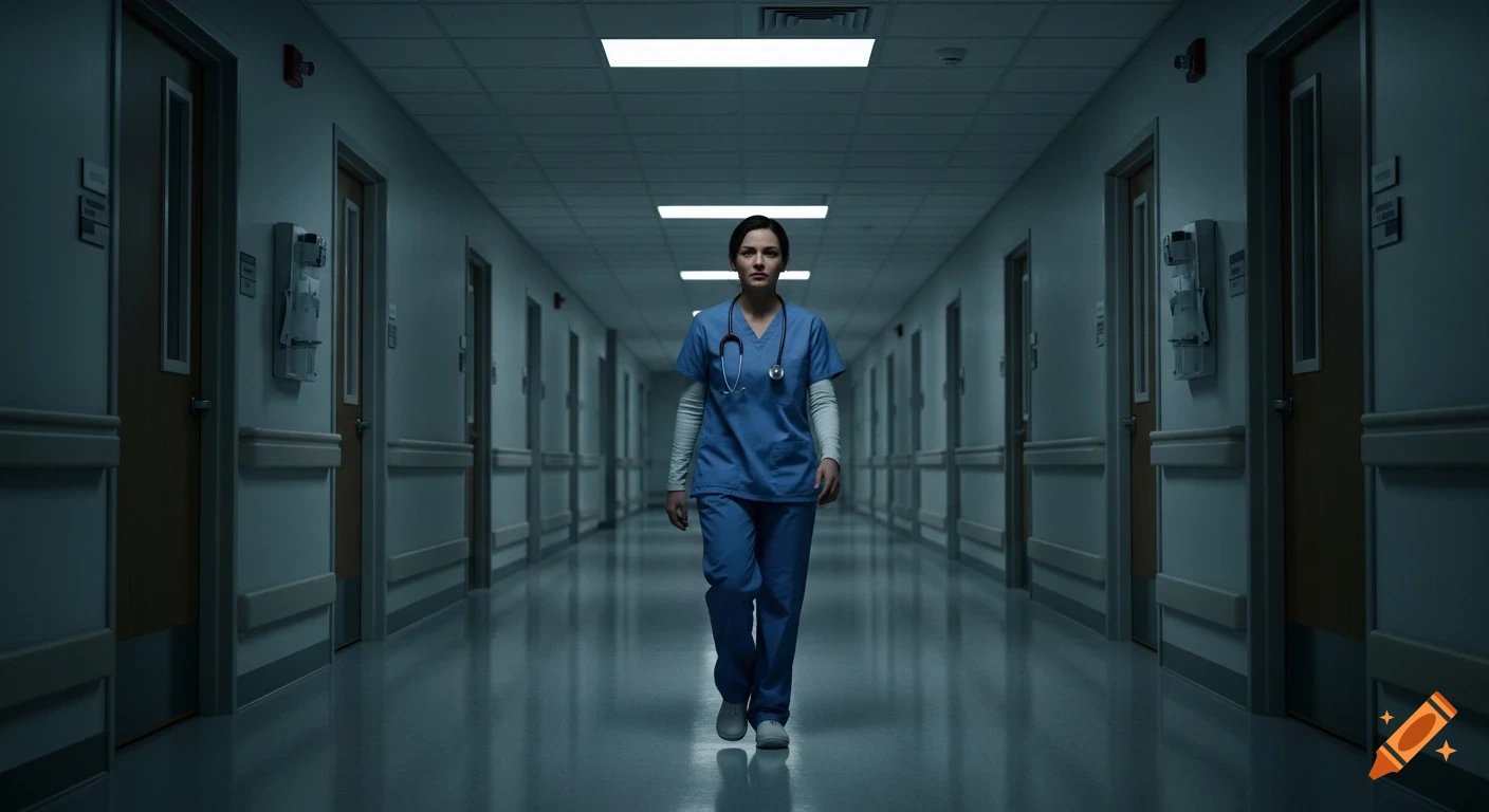 A lone female nurse in blue scrubs walks down a long, dimly lit hospital corridor, captured in a moody, photorealistic style.