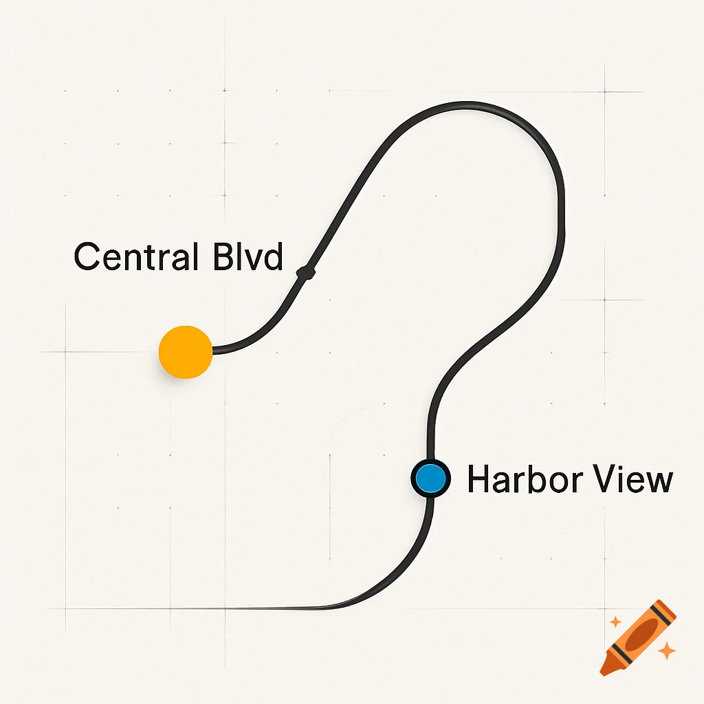 A minimalist metro map with a looping black line connecting an orange dot labeled 'Central Blvd' and a blue dot labeled 'Harbor View'.