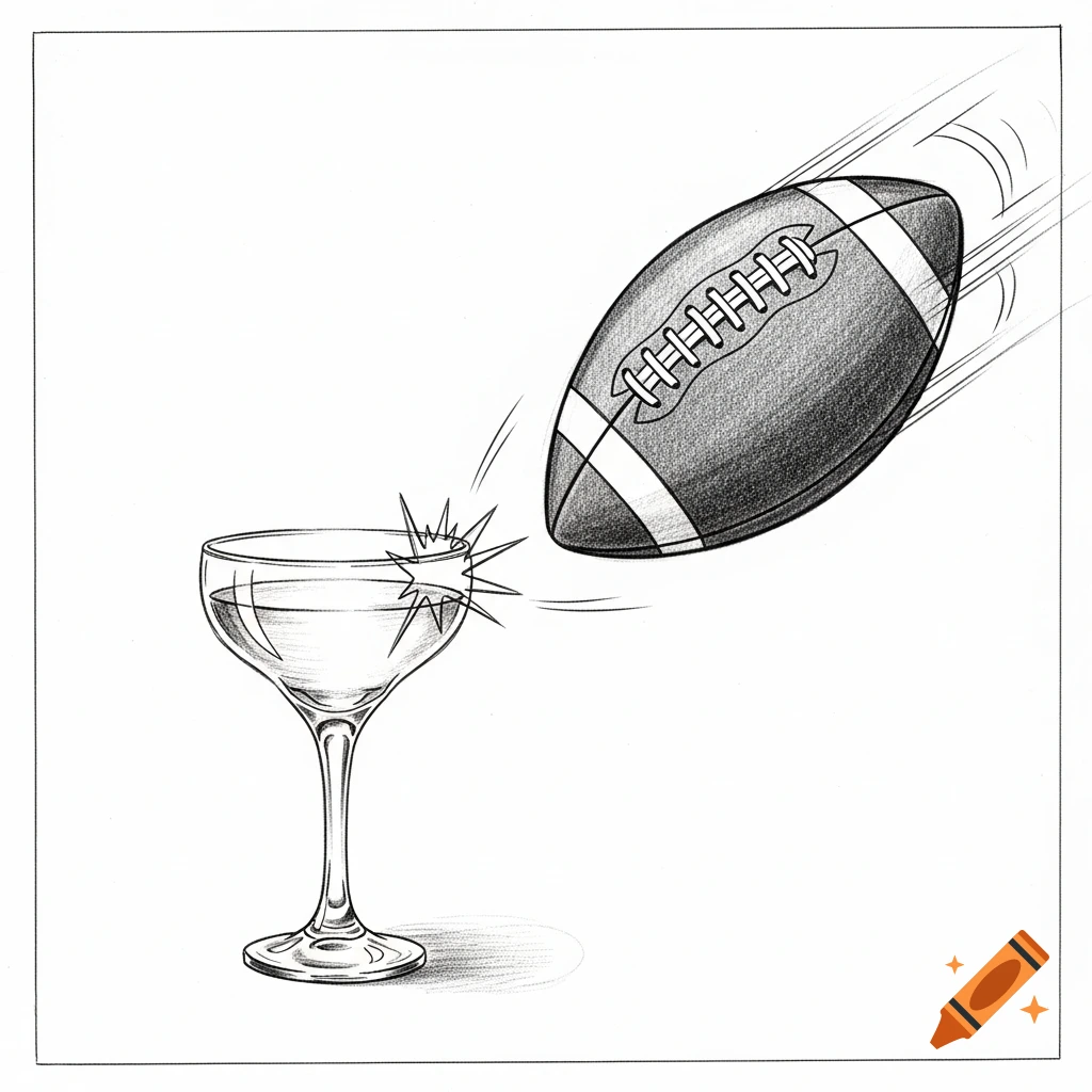 A simple pencil sketch of an American football flying towards a cocktail glass, about to hit it.