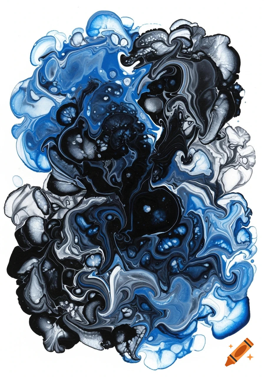 Abstract fluid art painting with swirling patterns of blue, black, and white paint on a white background.