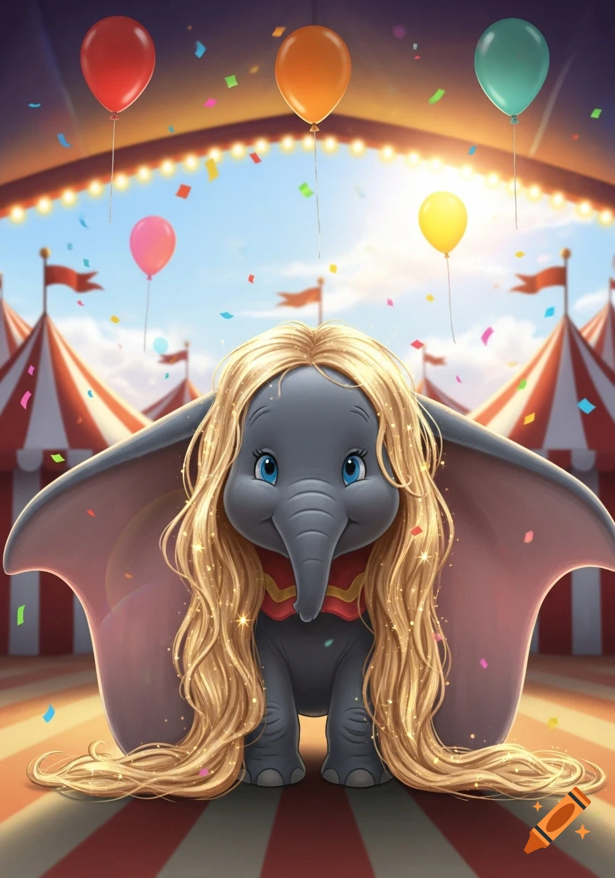 A cute cartoon Dumbo with long blonde hair, standing in a vibrant circus tent with balloons and confetti.