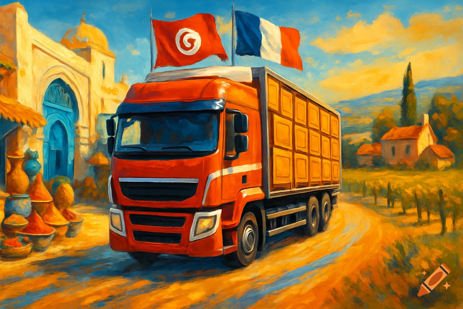 Impressionistic painting of a red semi-truck carrying Tunisian and French flags, driving between a bustling marketplace and a European countryside.