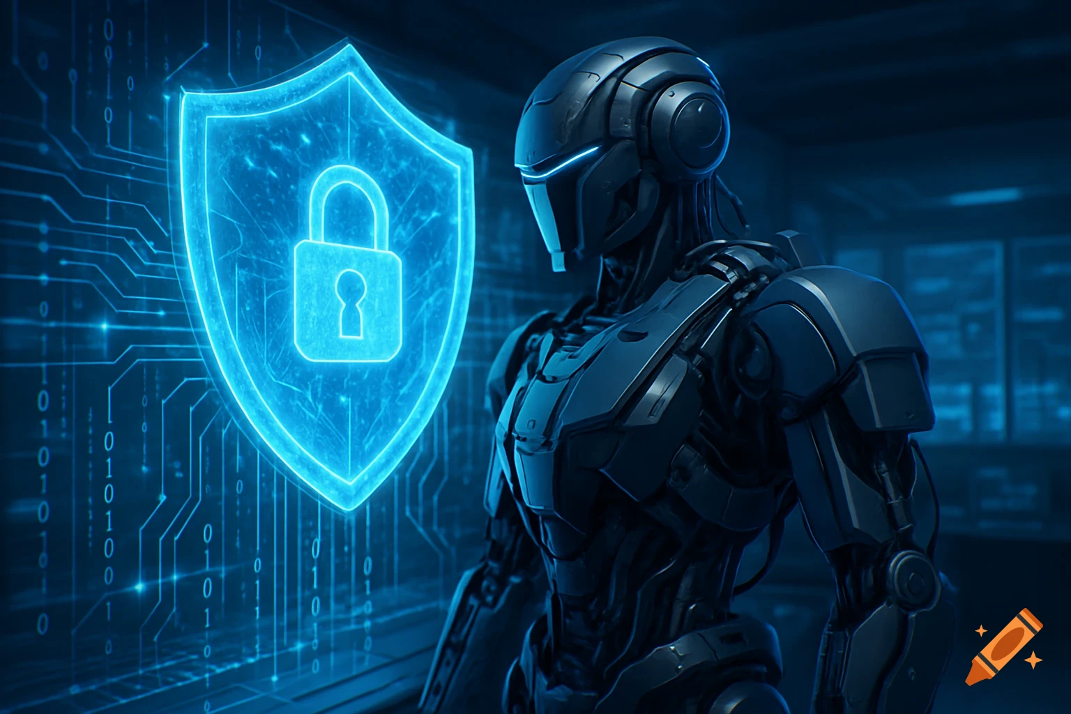 A futuristic dark robot stands next to a glowing blue digital shield with a padlock icon, against a background of binary code circuits.