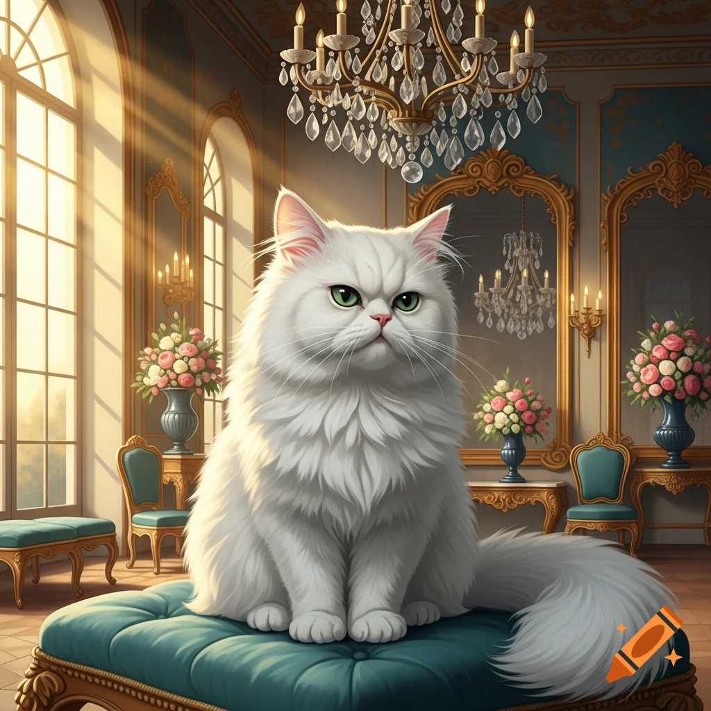 A fluffy white cat with green eyes sits regally on a teal cushioned ottoman in a lavish room with chandeliers and golden-framed mirrors.