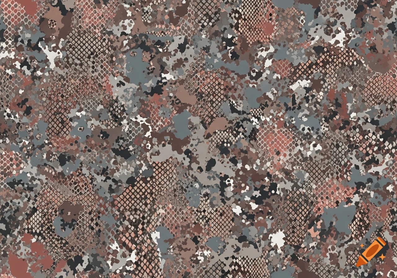 A seamless camouflage pattern with snakeskin texture in various shades of grey, brown, light black, and light red.