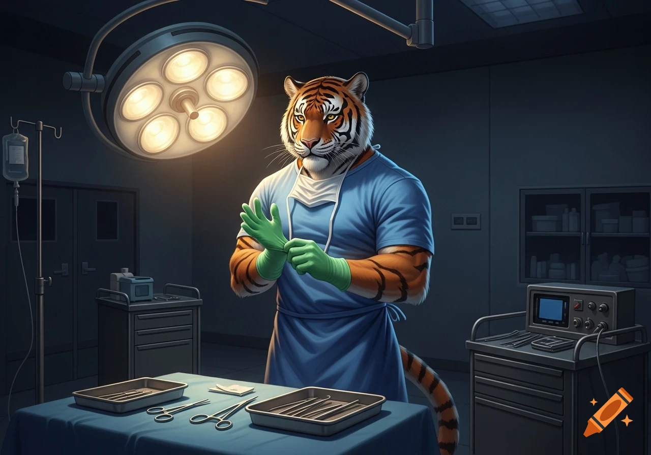 An anthropomorphic tiger surgeon in blue scrubs puts on green gloves in a dimly lit operating room.