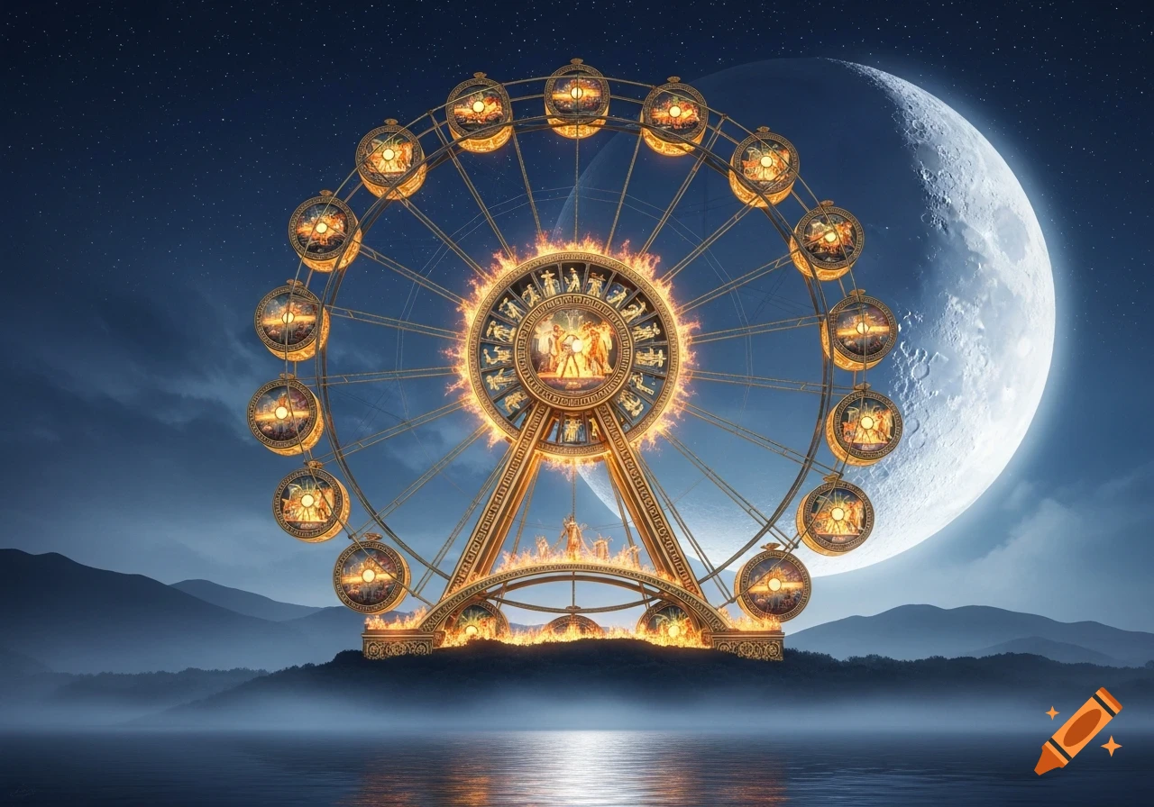 A golden, elaborate Ferris wheel, adorned with mythological figures and glowing with fire, stands on a misty hill overlooking water, against a starry night sky with a giant full moon.