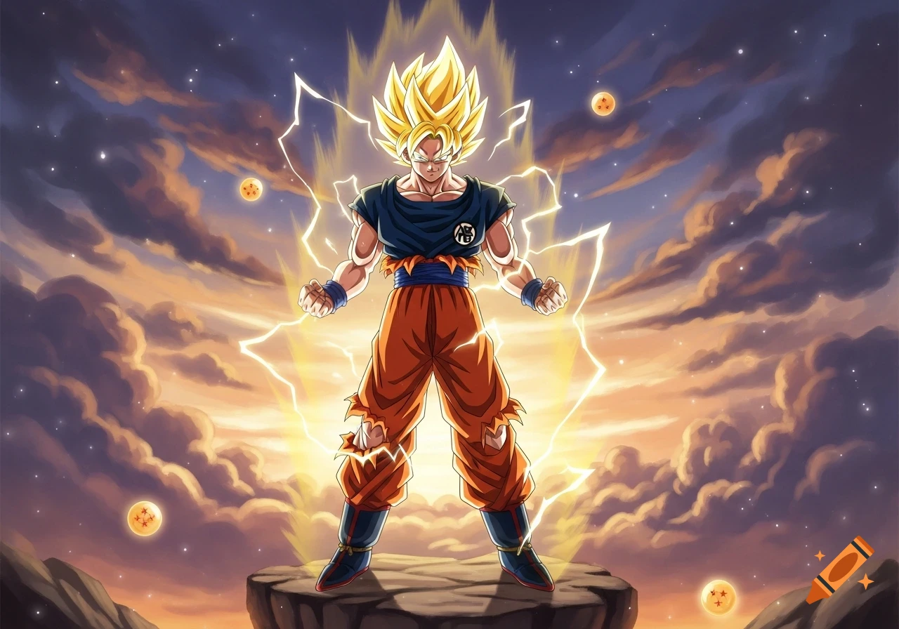 Goku, in Super Saiyan form, powers up with a golden aura and lightning, standing on rocks under a cloudy sky with Dragon Balls.